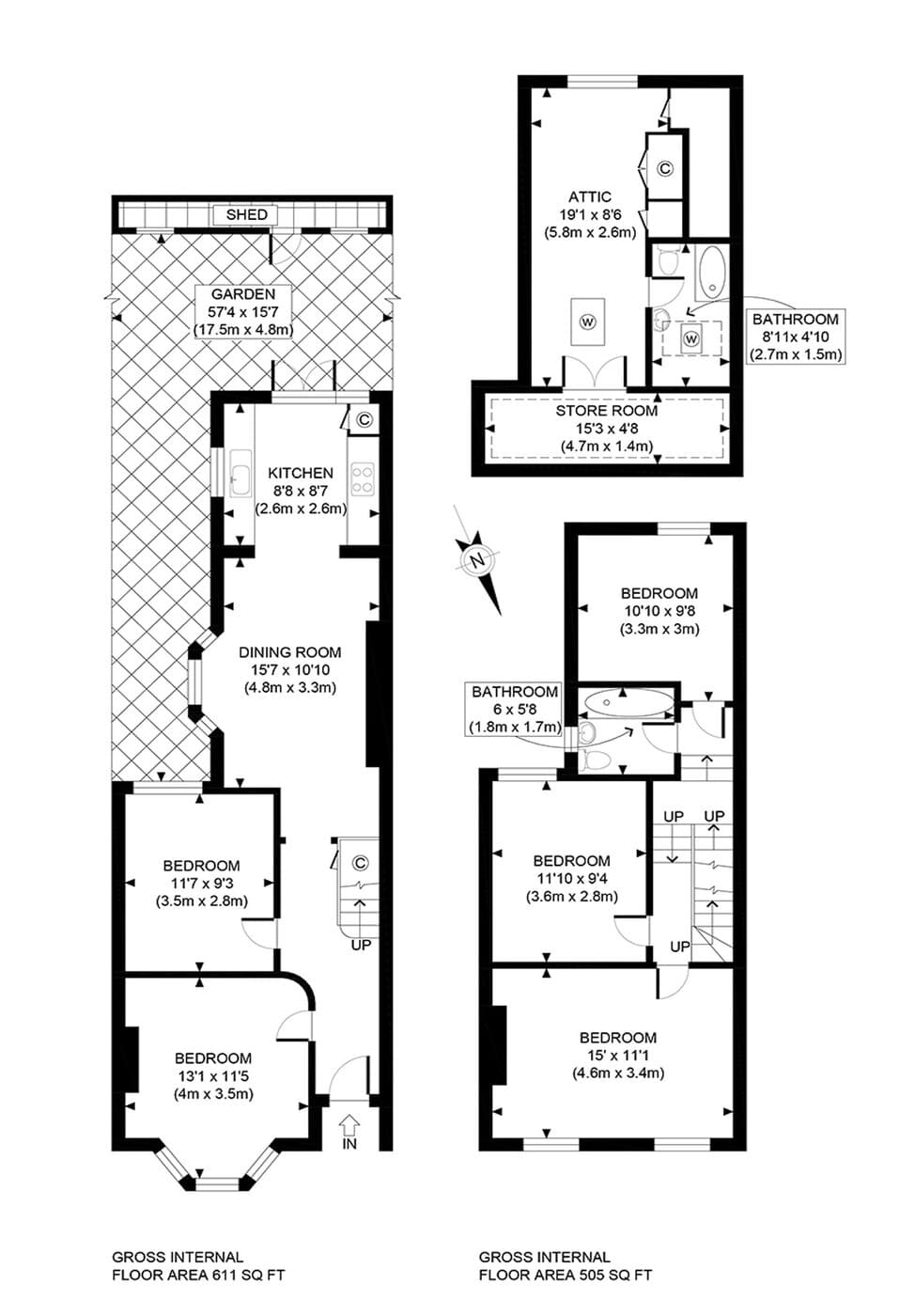 Professional floor plan of a three-storey terraced house