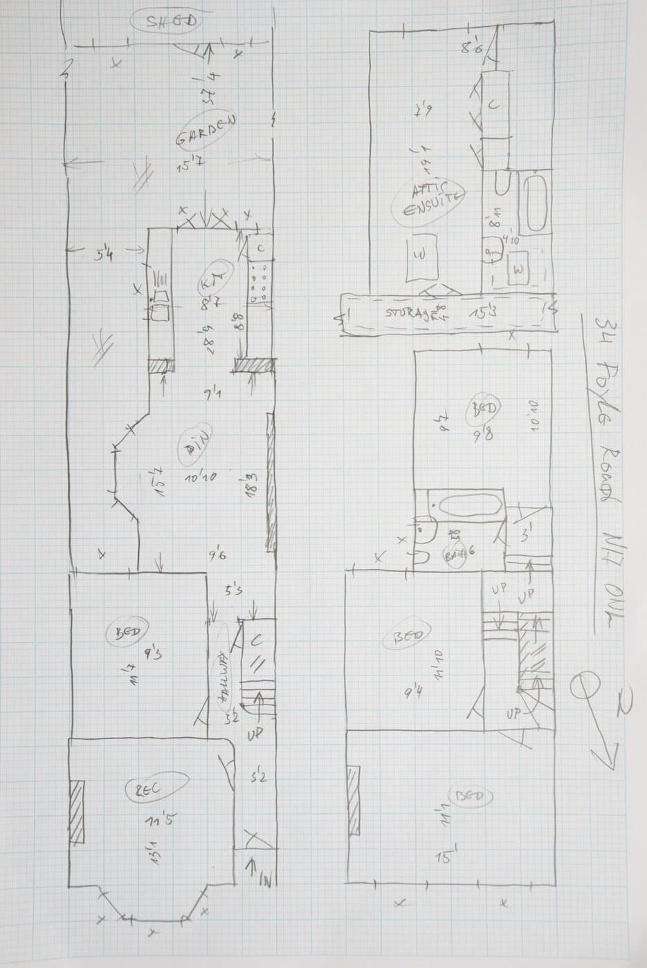 Hand-drawn sketch of a three-storey terraced house