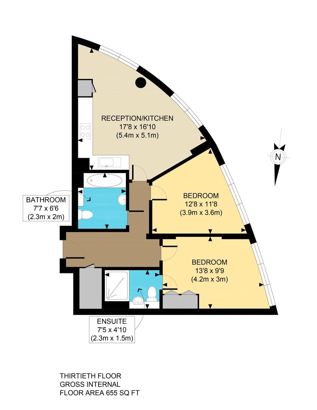 Professional floor plan of a curved high-rise apartment