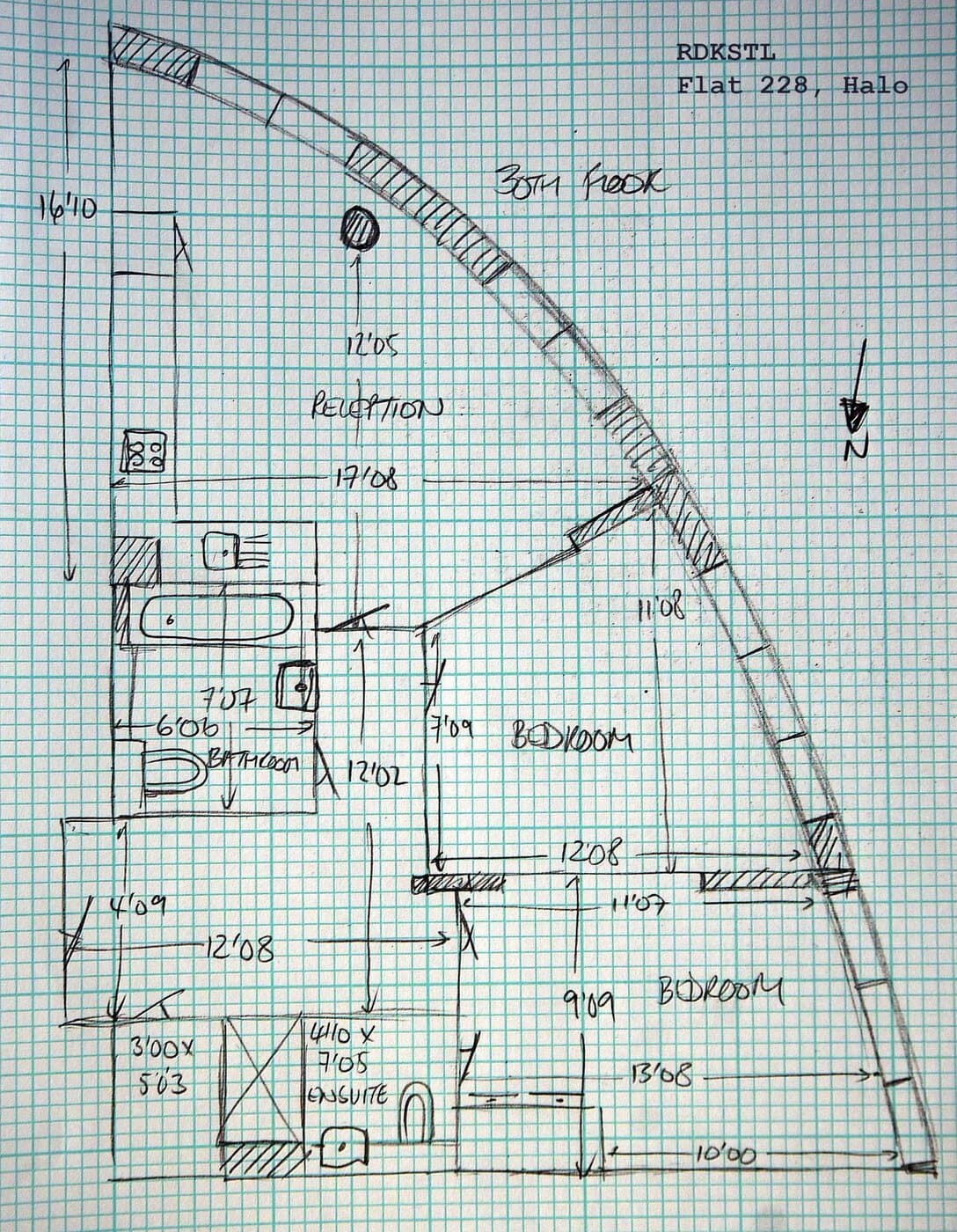 Hand-drawn sketch of a curved high-rise apartment