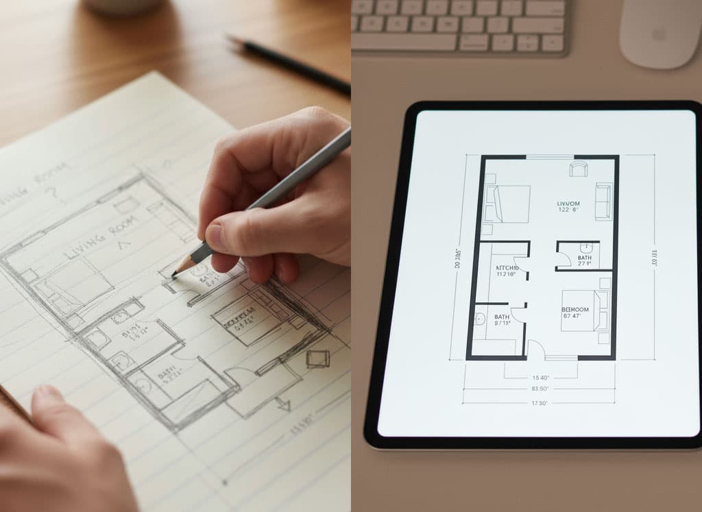 A hand-drawn floor plan sketch alongside the finished professional floor plan on a tablet
