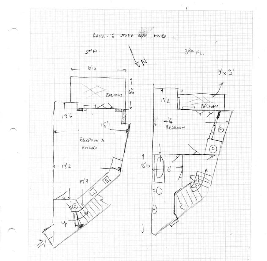 Hand-drawn sketch of a split-level apartment
