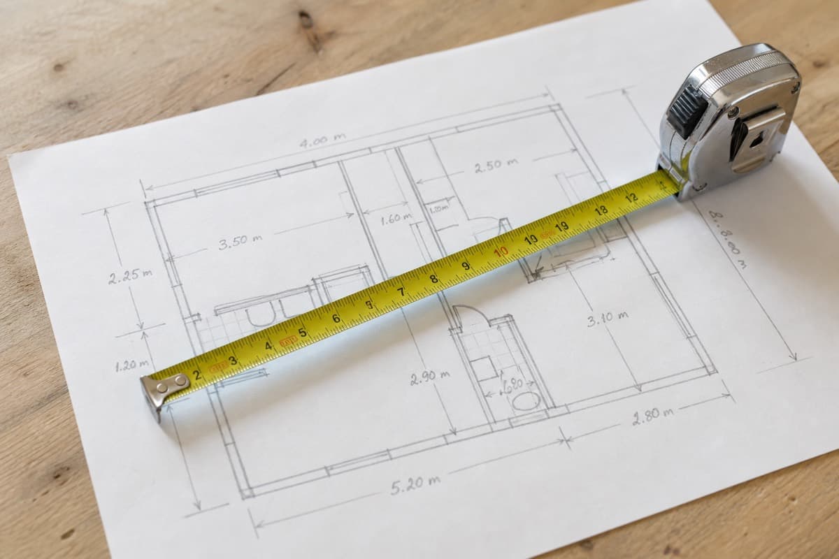 A measuring tape and a property sketch with annotations
