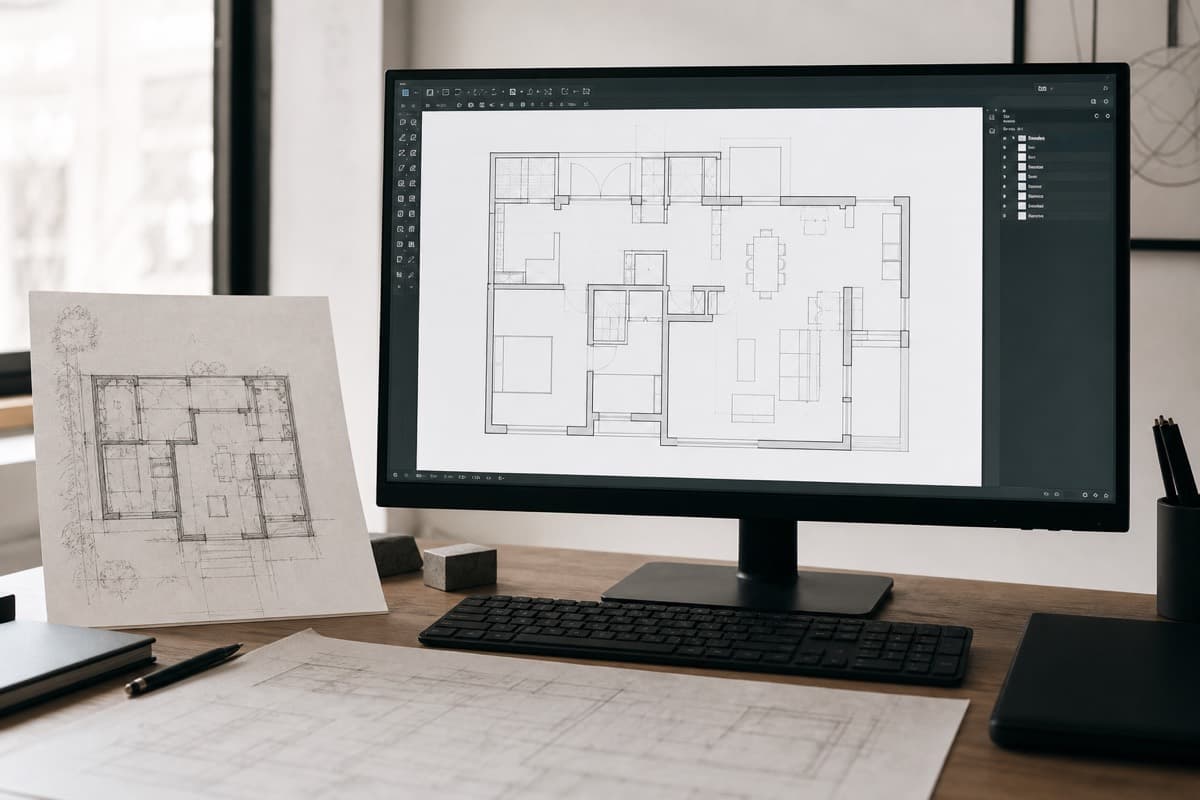 Comparison of a hand sketch and a CAD-style floor plan